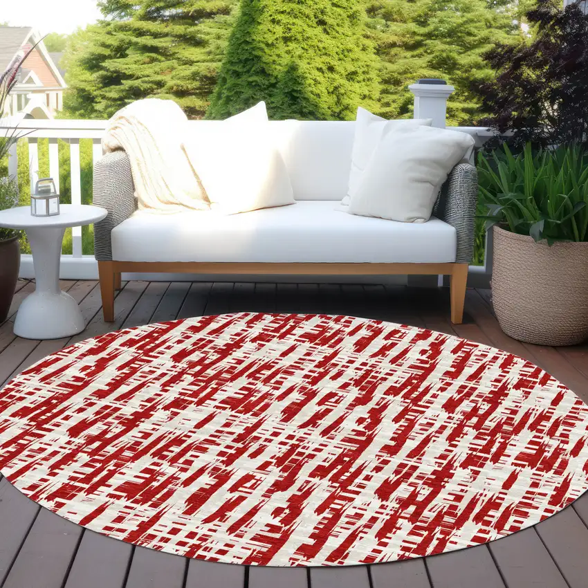 8' Red And Ivory Round Abstract Washable Indoor Outdoor Area Rug Photo 8