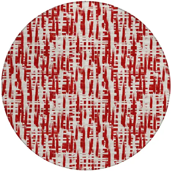 8' Red And Ivory Round Abstract Washable Indoor Outdoor Area Rug Photo 2