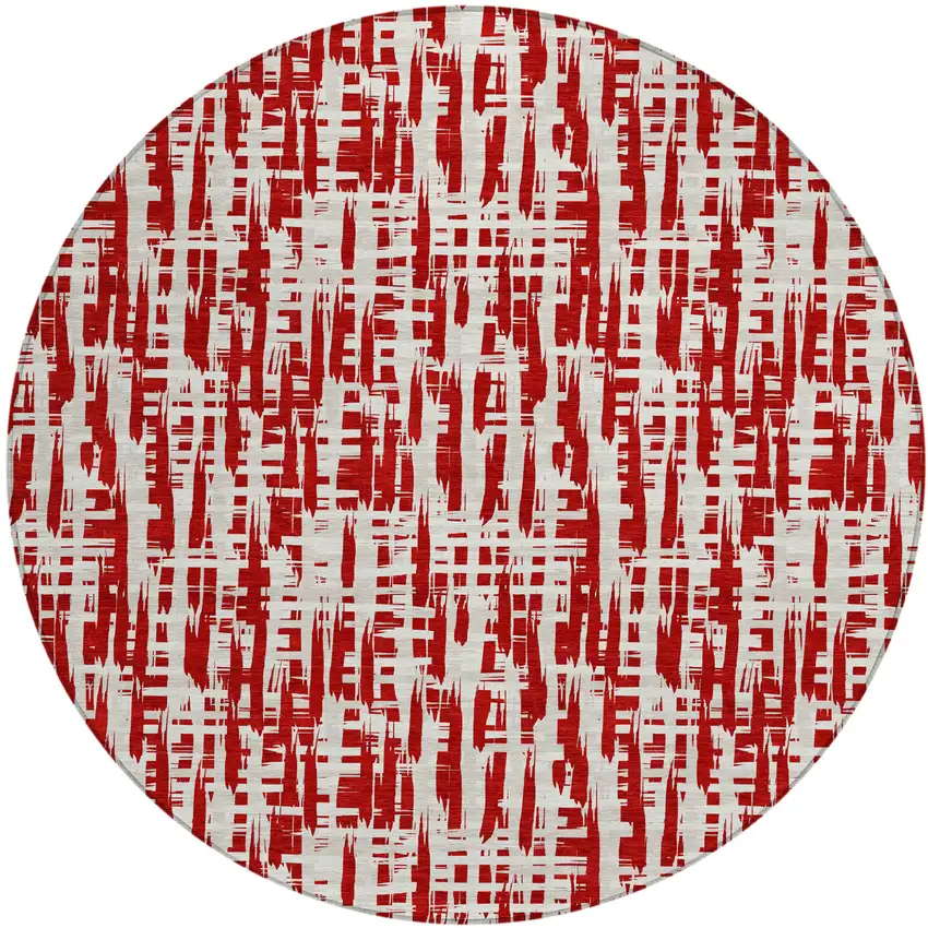8' Red And Ivory Round Abstract Washable Indoor Outdoor Area Rug Photo 2
