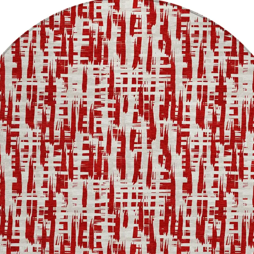 8' Red And Ivory Round Abstract Washable Indoor Outdoor Area Rug Photo 7