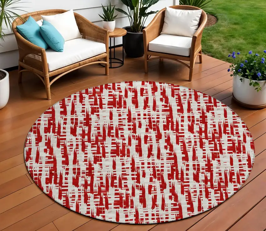 8' Red And Ivory Round Abstract Washable Indoor Outdoor Area Rug Photo 1