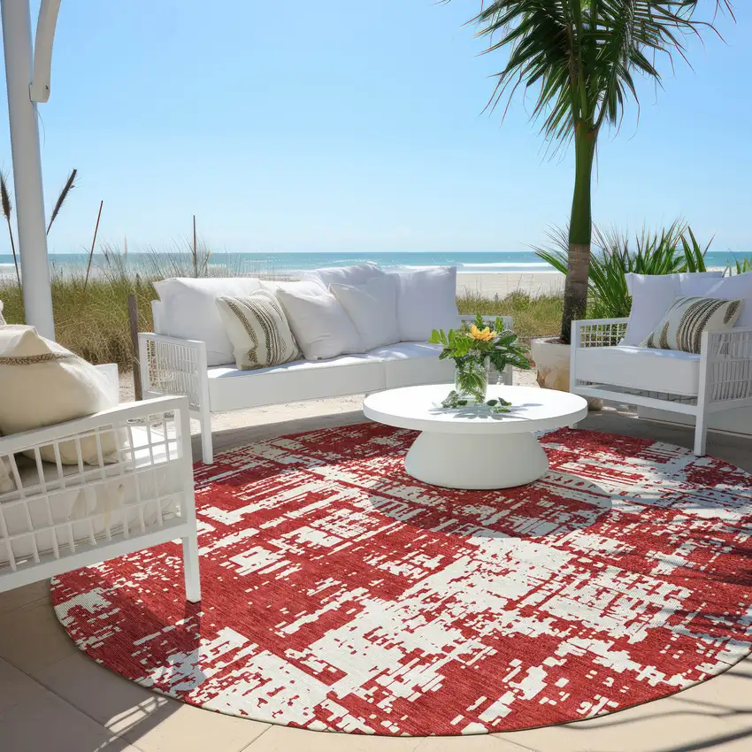 8' Red And Ivory Round Abstract Washable Indoor Outdoor Area Rug Photo 6