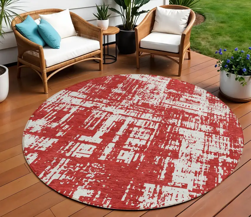 8' Red And Ivory Round Abstract Washable Indoor Outdoor Area Rug Photo 1