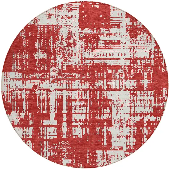 8' Red And Ivory Round Abstract Washable Indoor Outdoor Area Rug Photo 2