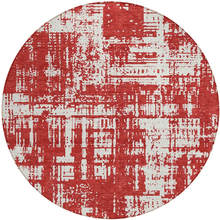 8' Red And Ivory Round Abstract Washable Indoor Outdoor Area Rug Photo 2