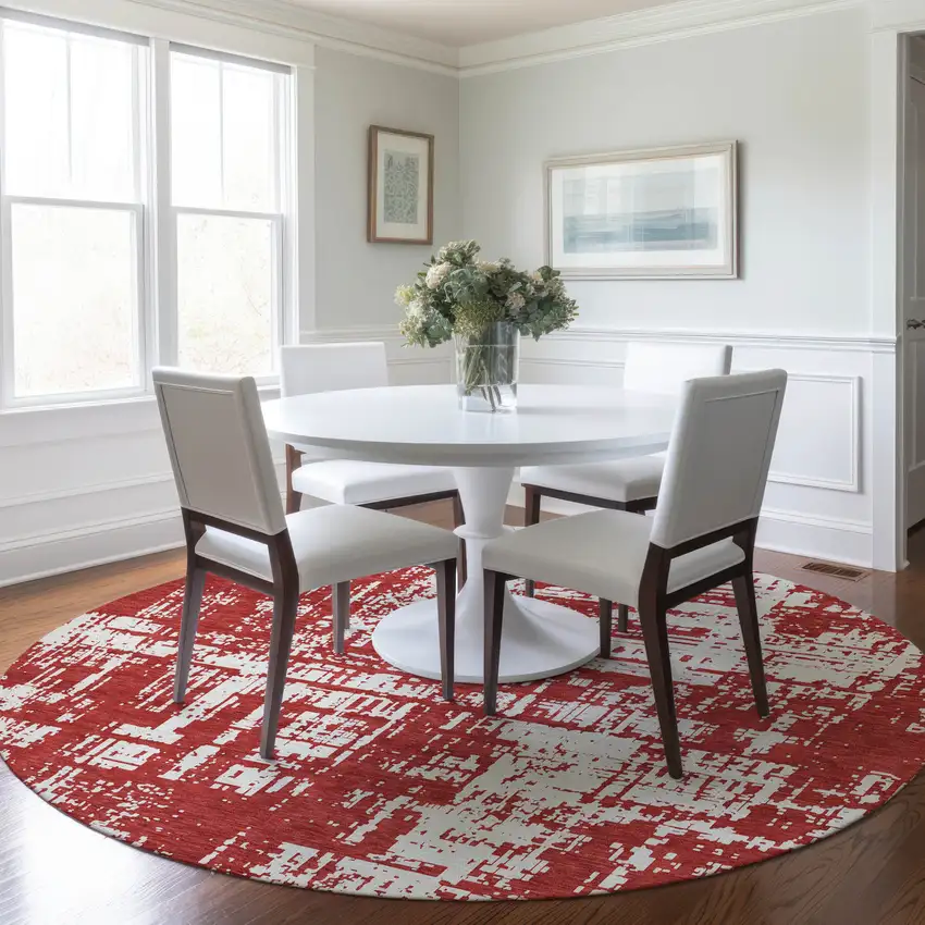 8' Red And Ivory Round Abstract Washable Indoor Outdoor Area Rug Photo 7