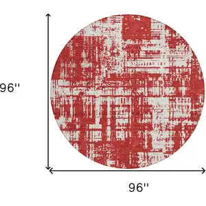 Photo of 8' Red And Ivory Round Abstract Washable Indoor Outdoor Area Rug
