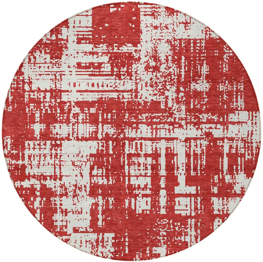 8' Red And Ivory Round Abstract Washable Indoor Outdoor Area Rug Photo 5