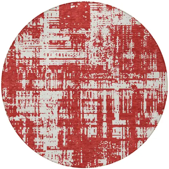 8' Red And Ivory Round Abstract Washable Indoor Outdoor Area Rug Photo 5