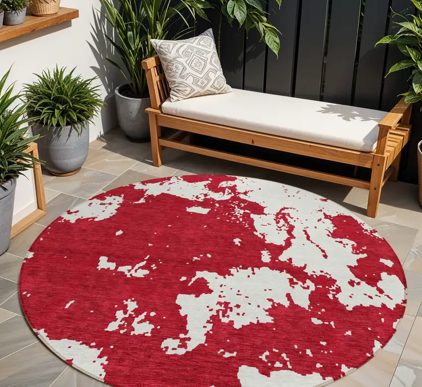 8' Red And Ivory Round Abstract Washable Indoor Outdoor Area Rug Photo 1