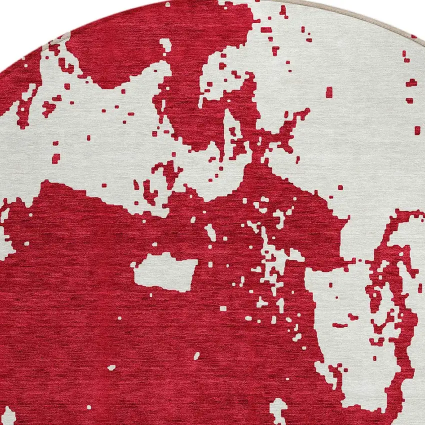 8' Red And Ivory Round Abstract Washable Indoor Outdoor Area Rug Photo 5
