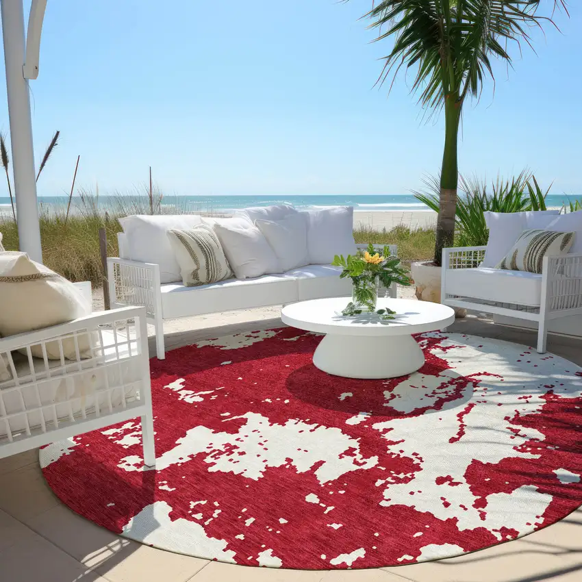 8' Red And Ivory Round Abstract Washable Indoor Outdoor Area Rug Photo 6