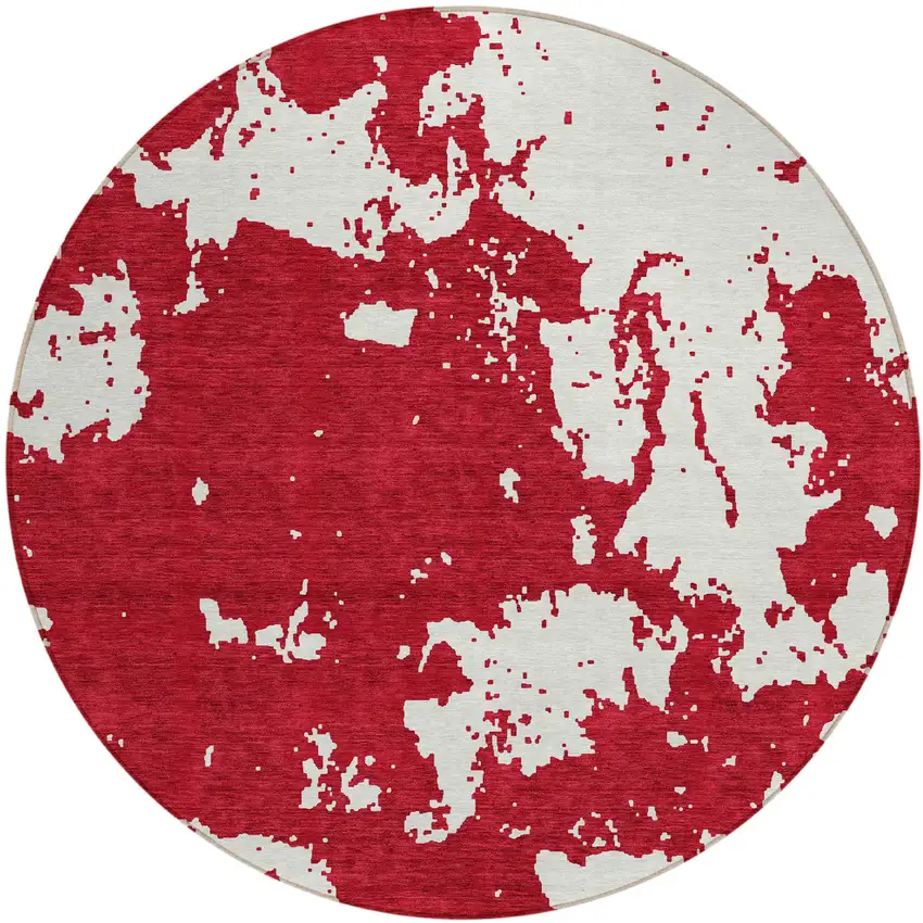 8' Red And Ivory Round Abstract Washable Indoor Outdoor Area Rug Photo 2