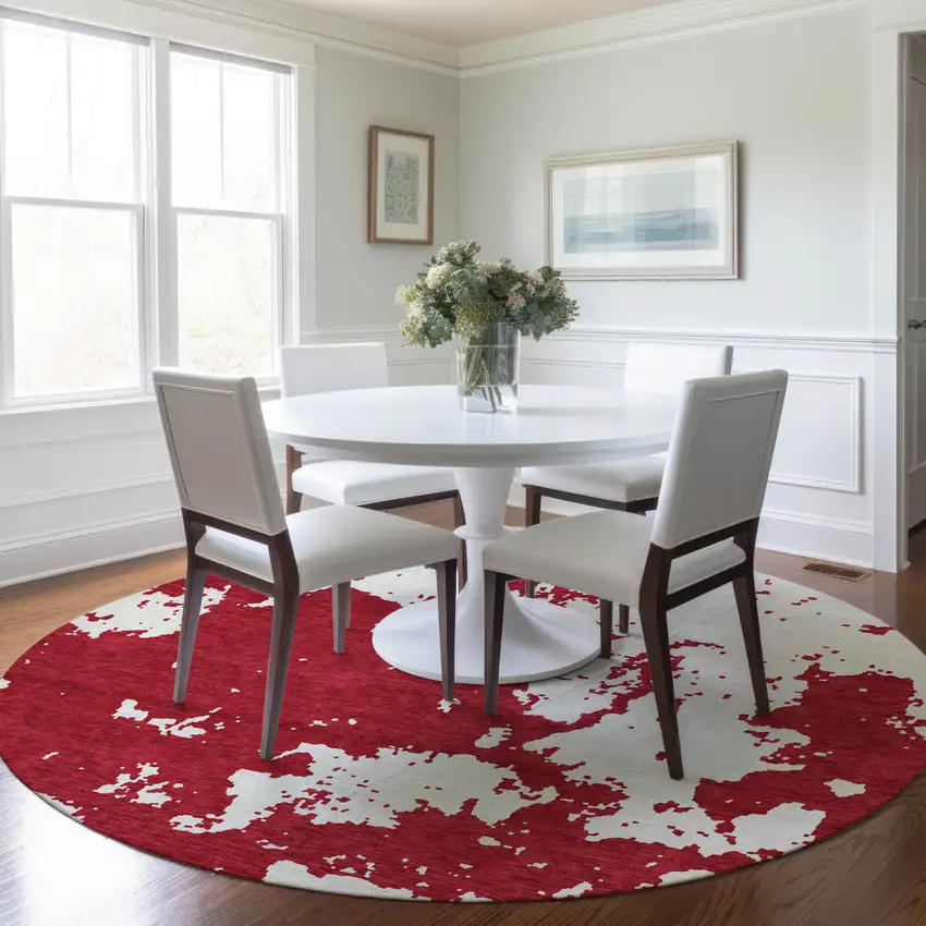 8' Red And Ivory Round Abstract Washable Indoor Outdoor Area Rug Photo 7