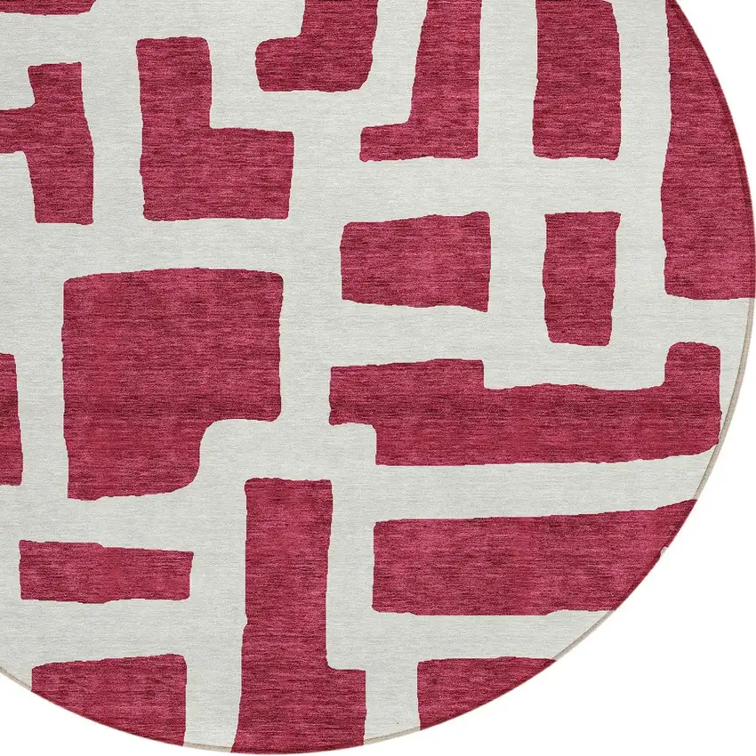 8' Red And Ivory Round Abstract Washable Indoor Outdoor Area Rug Photo 4
