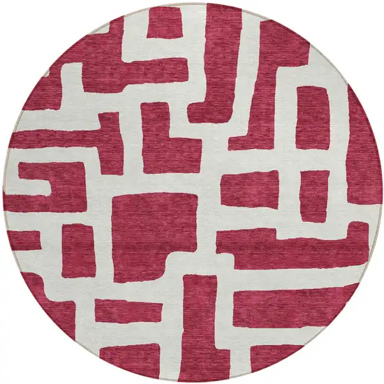 8' Red And Ivory Round Abstract Washable Indoor Outdoor Area Rug Photo 2