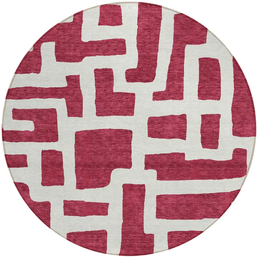 8' Red And Ivory Round Abstract Washable Indoor Outdoor Area Rug Photo 2