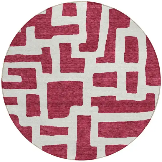 8' Red And Ivory Round Abstract Washable Indoor Outdoor Area Rug Photo 6