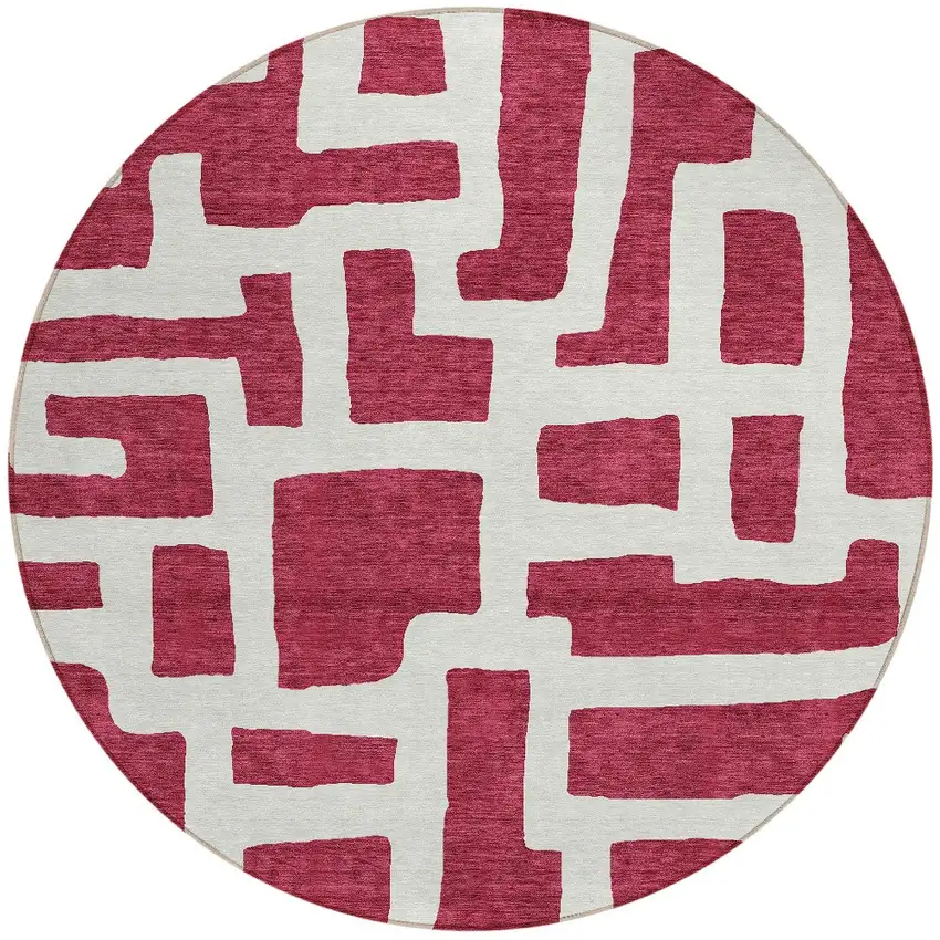 8' Red And Ivory Round Abstract Washable Indoor Outdoor Area Rug Photo 6