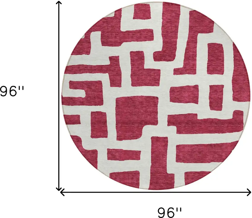8' Red And Ivory Round Abstract Washable Indoor Outdoor Area Rug Photo 3