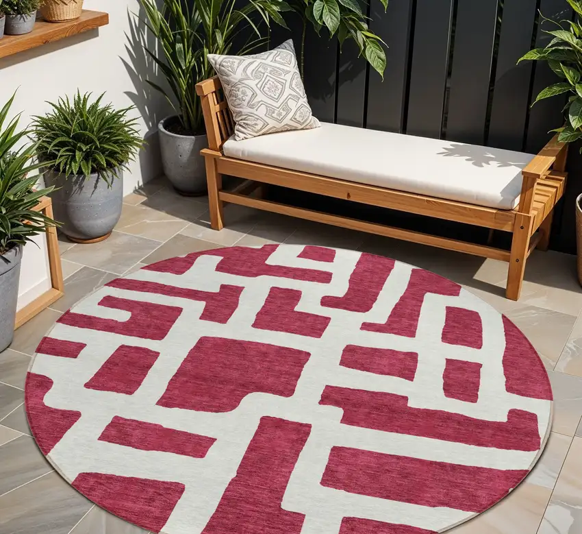 8' Red And Ivory Round Abstract Washable Indoor Outdoor Area Rug Photo 1