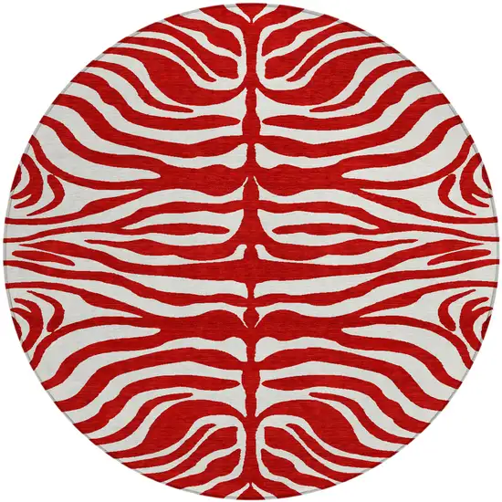 8' Red And Ivory Round Animal Print Washable Indoor Outdoor Area Rug Photo 2