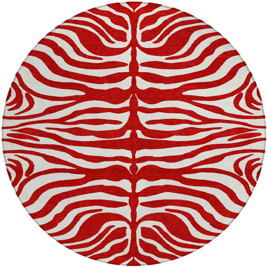 8' Red And Ivory Round Animal Print Washable Indoor Outdoor Area Rug Photo 2
