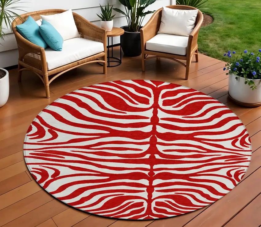 8' Red And Ivory Round Animal Print Washable Indoor Outdoor Area Rug Photo 1