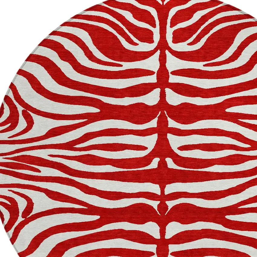 8' Red And Ivory Round Animal Print Washable Indoor Outdoor Area Rug Photo 5