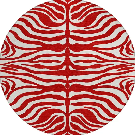 8' Red And Ivory Round Animal Print Washable Indoor Outdoor Area Rug Photo 6