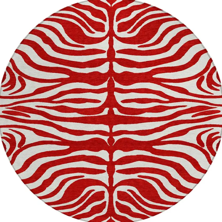 8' Red And Ivory Round Animal Print Washable Indoor Outdoor Area Rug Photo 6