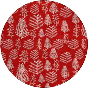 Photo of 8' Red And Ivory Round Botanical Leaves Washable Indoor Outdoor Area Rug