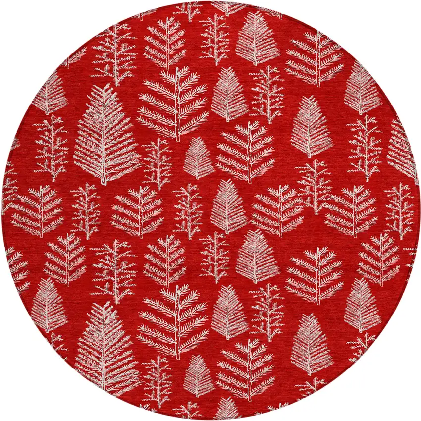 8' Red And Ivory Round Botanical Leaves Washable Indoor Outdoor Area Rug Photo 1