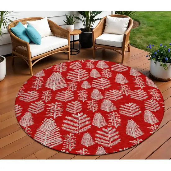 8' Red And Ivory Round Botanical Leaves Washable Indoor Outdoor Area Rug Photo 2