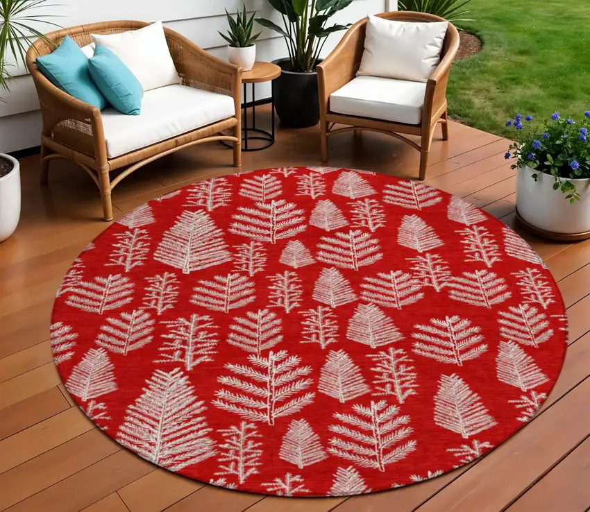 8' Red And Ivory Round Botanical Leaves Washable Indoor Outdoor Area Rug Photo 2