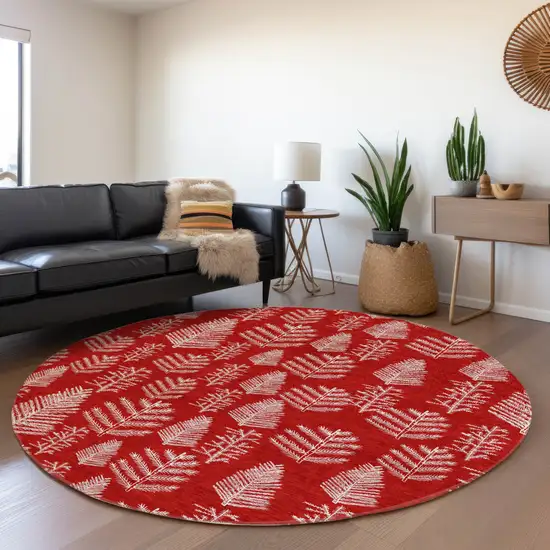 8' Red And Ivory Round Botanical Leaves Washable Indoor Outdoor Area Rug Photo 6