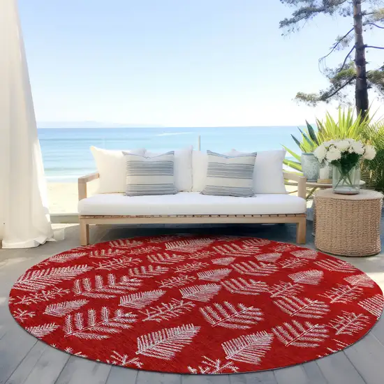 8' Red And Ivory Round Botanical Leaves Washable Indoor Outdoor Area Rug Photo 5