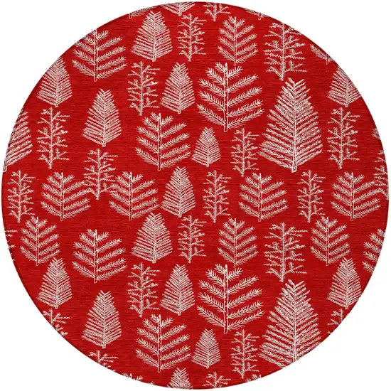 8' Red And Ivory Round Botanical Leaves Washable Indoor Outdoor Area Rug Photo 4