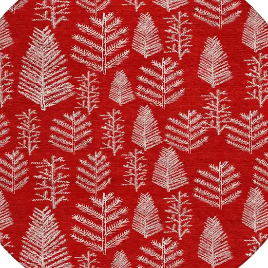 8' Red And Ivory Round Botanical Leaves Washable Indoor Outdoor Area Rug Photo 8