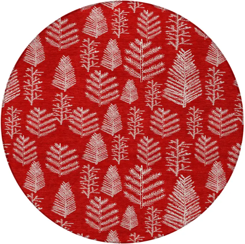 8' Red And Ivory Round Botanical Leaves Washable Indoor Outdoor Area Rug Photo 3