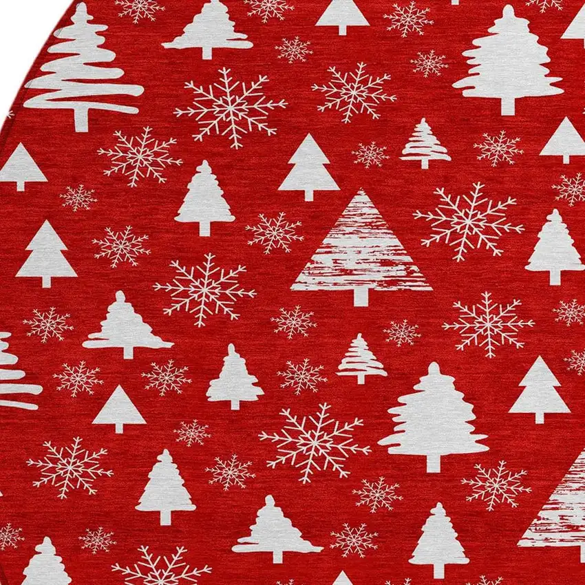 8' Red And Ivory Round Botanical Leaves Washable Indoor Outdoor Area Rug Photo 3