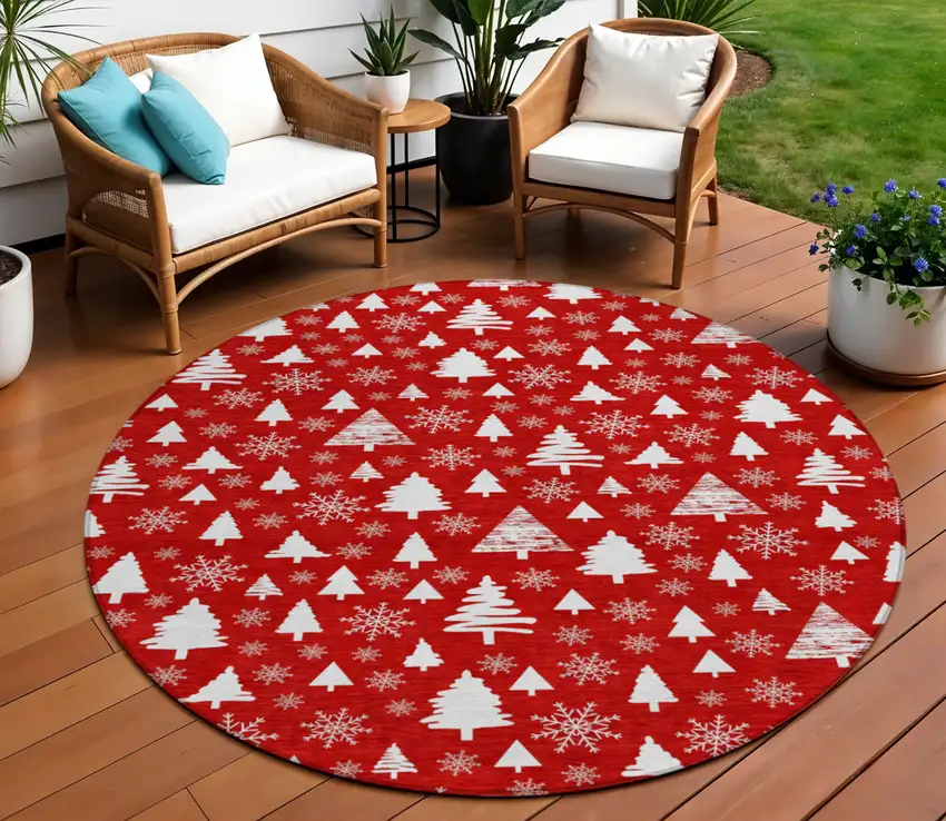8' Red And Ivory Round Botanical Leaves Washable Indoor Outdoor Area Rug Photo 2