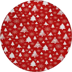 Photo of 8' Red And Ivory Round Botanical Leaves Washable Indoor Outdoor Area Rug