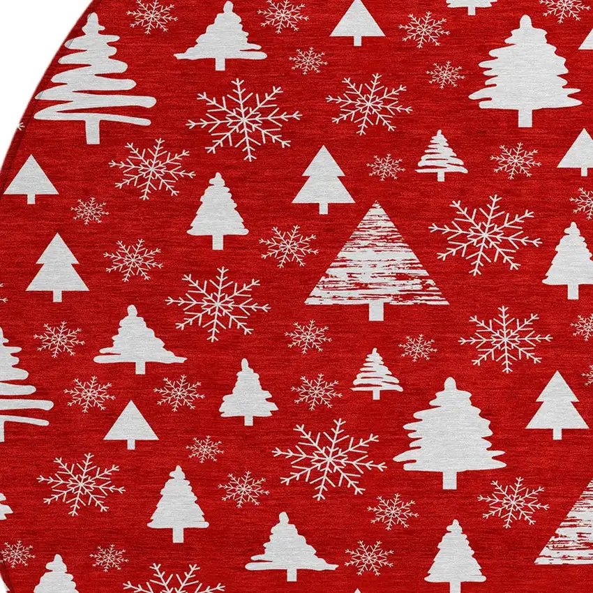 8' Red And Ivory Round Botanical Leaves Washable Indoor Outdoor Area Rug Photo 8