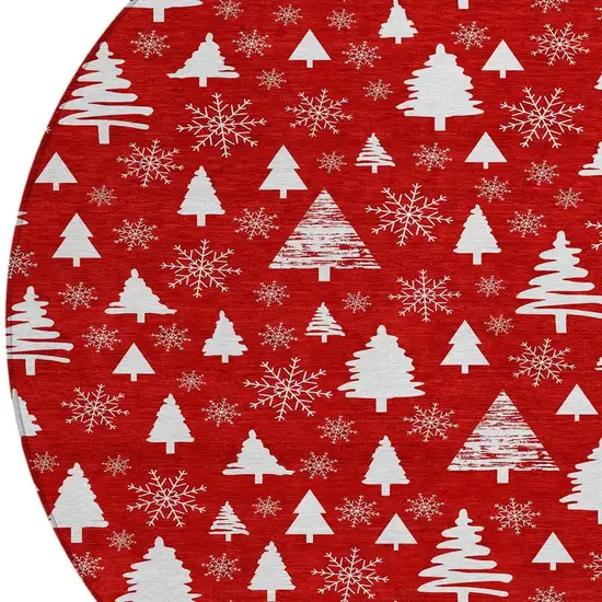 8' Red And Ivory Round Botanical Leaves Washable Indoor Outdoor Area Rug Photo 4