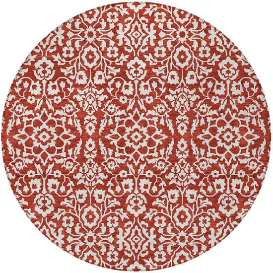 8' Red And Ivory Round Damask Washable Indoor Outdoor Area Rug Photo 5