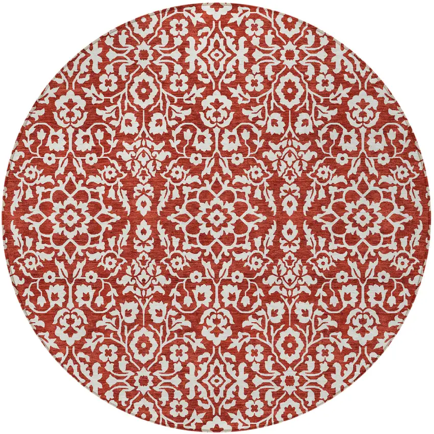 8' Red And Ivory Round Damask Washable Indoor Outdoor Area Rug Photo 5