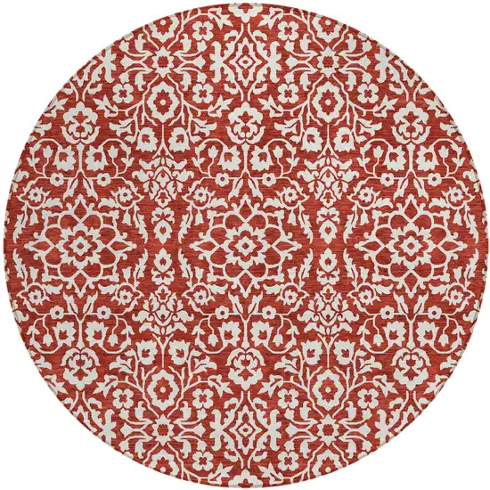 8' Red And Ivory Round Damask Washable Indoor Outdoor Area Rug Photo 2
