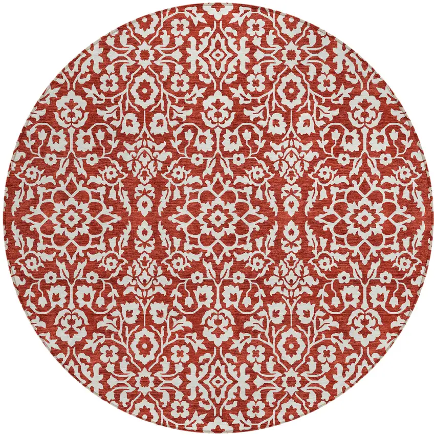 8' Red And Ivory Round Damask Washable Indoor Outdoor Area Rug Photo 2