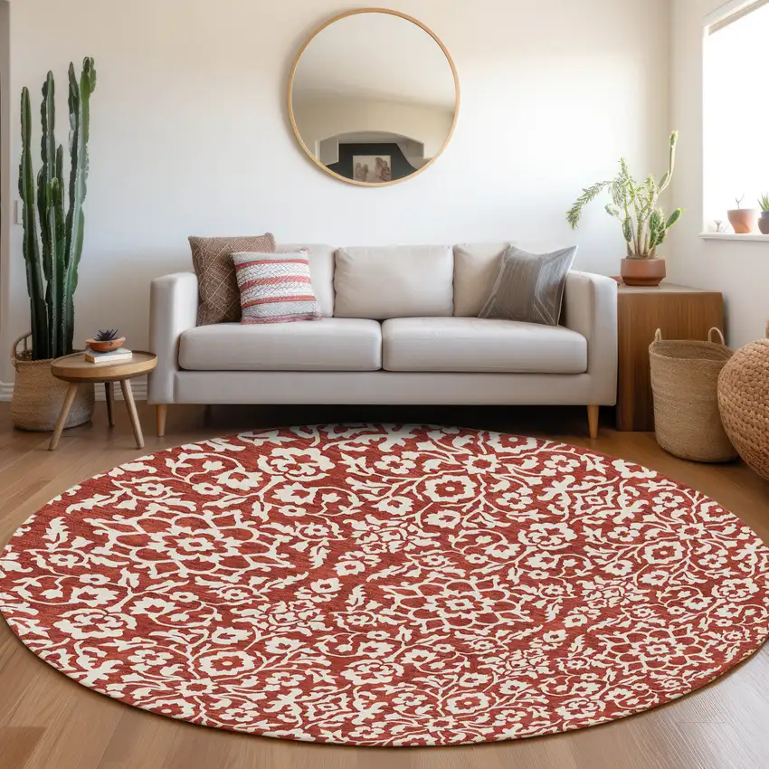 8' Red And Ivory Round Damask Washable Indoor Outdoor Area Rug Photo 7